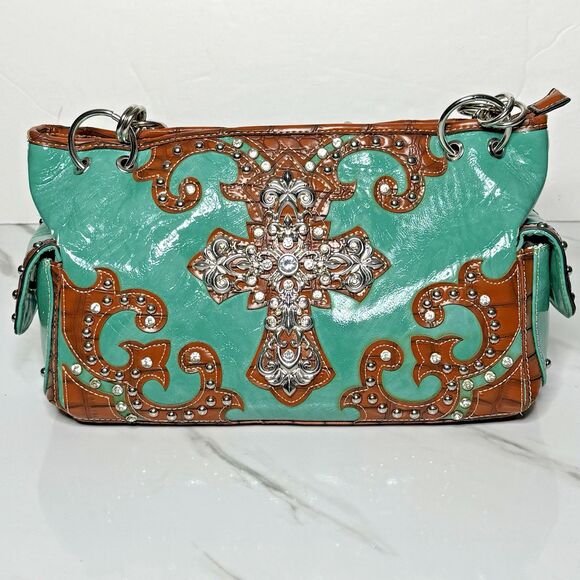 Western Turquoise Rhinestone Cross Handbag Tooled Brown Faux Leather Chain Strap - Picture 13 of 14